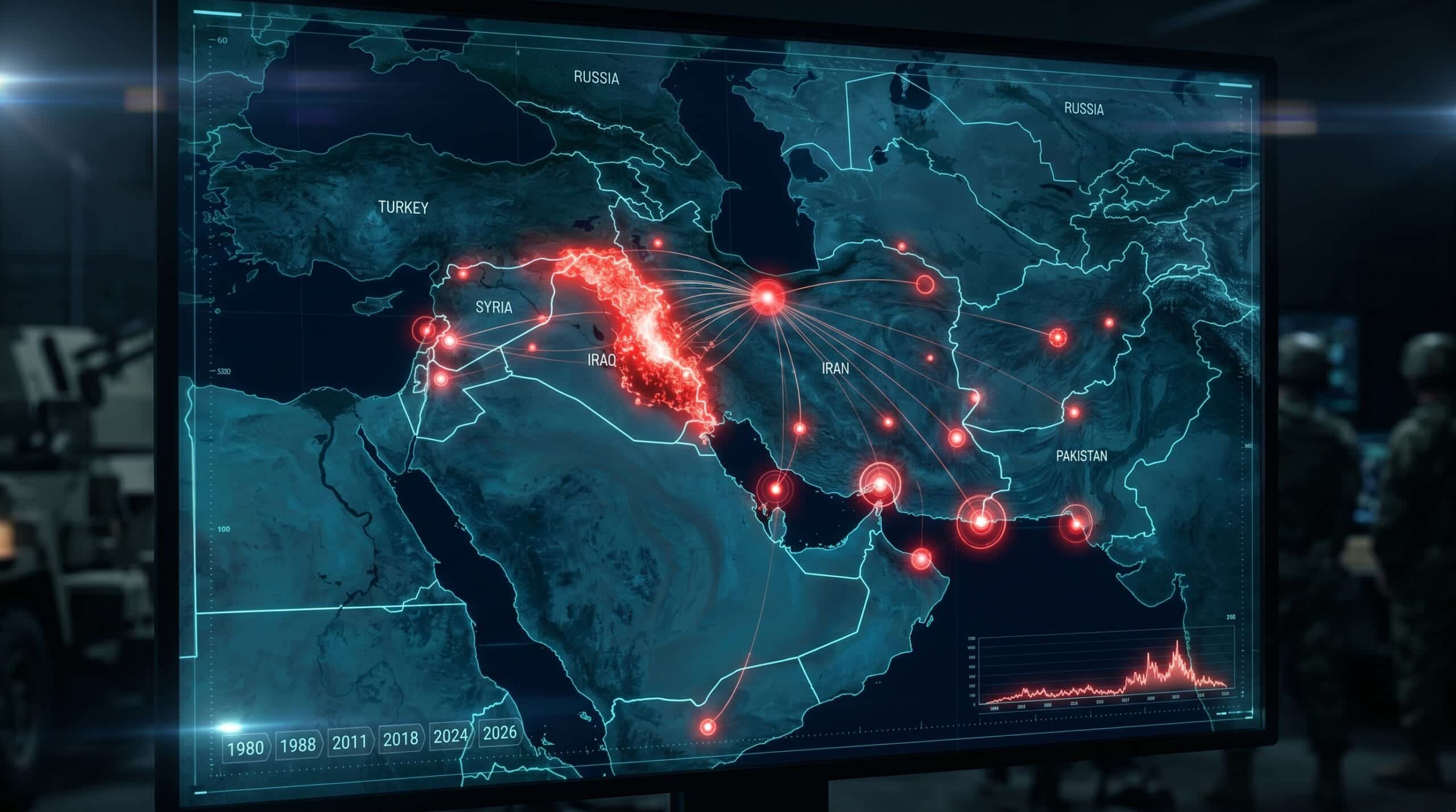 Iran military history timeline showing major conflicts from 1980 to 2026
