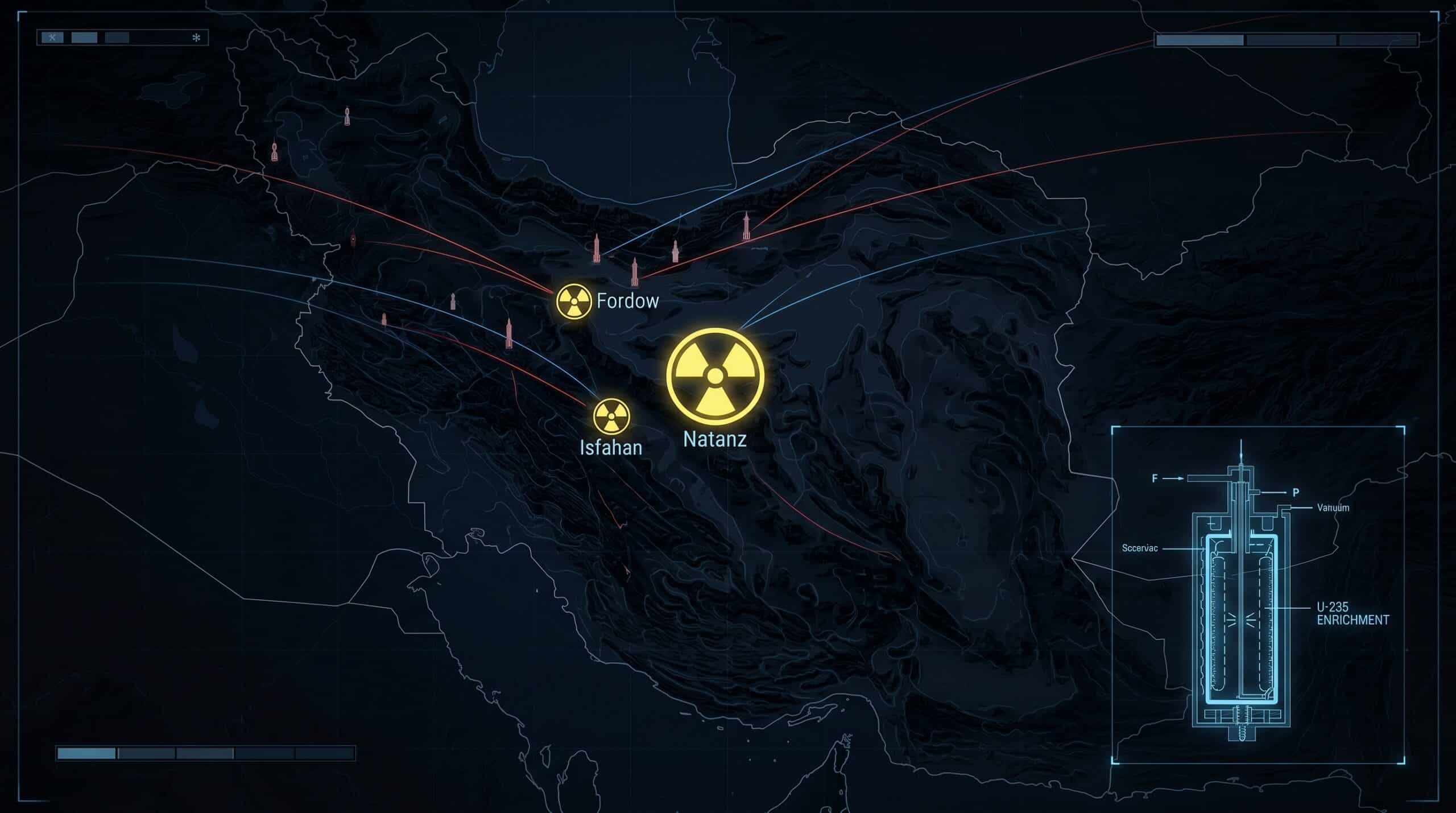 Iran nuclear program facilities map showing Natanz Isfahan Fordow enrichment sites