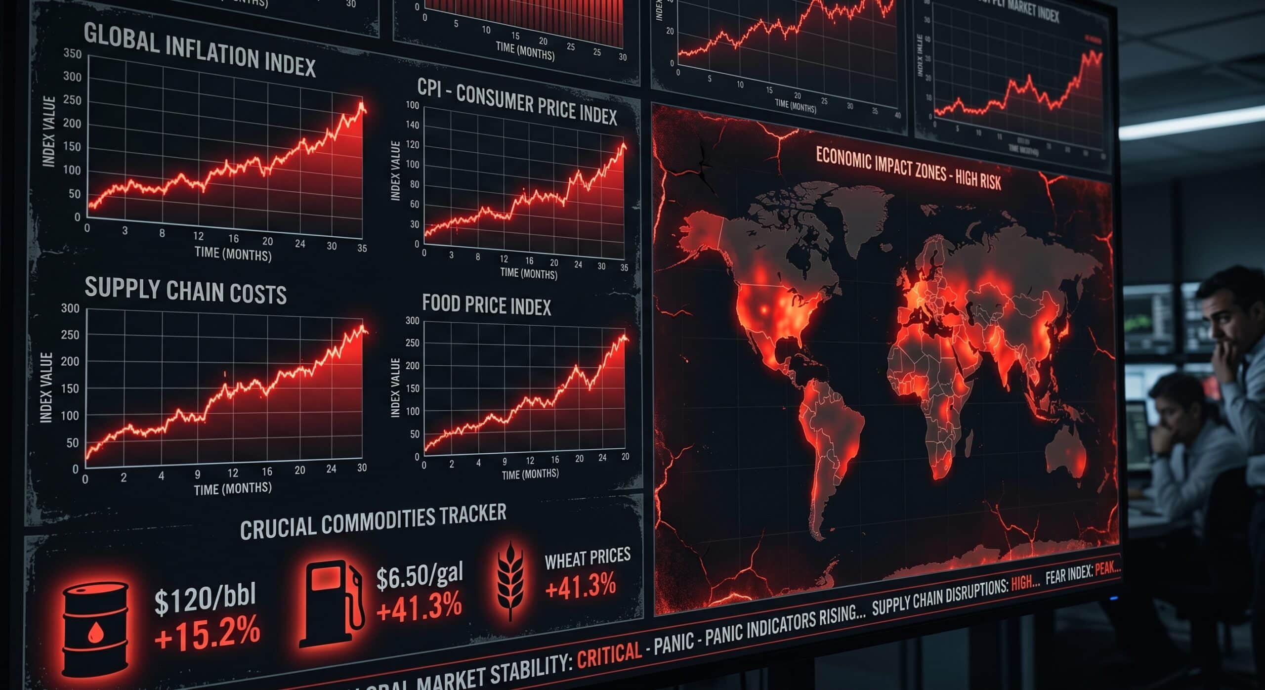 Iran war economic impact showing oil price surge fuel crisis and global inflation data