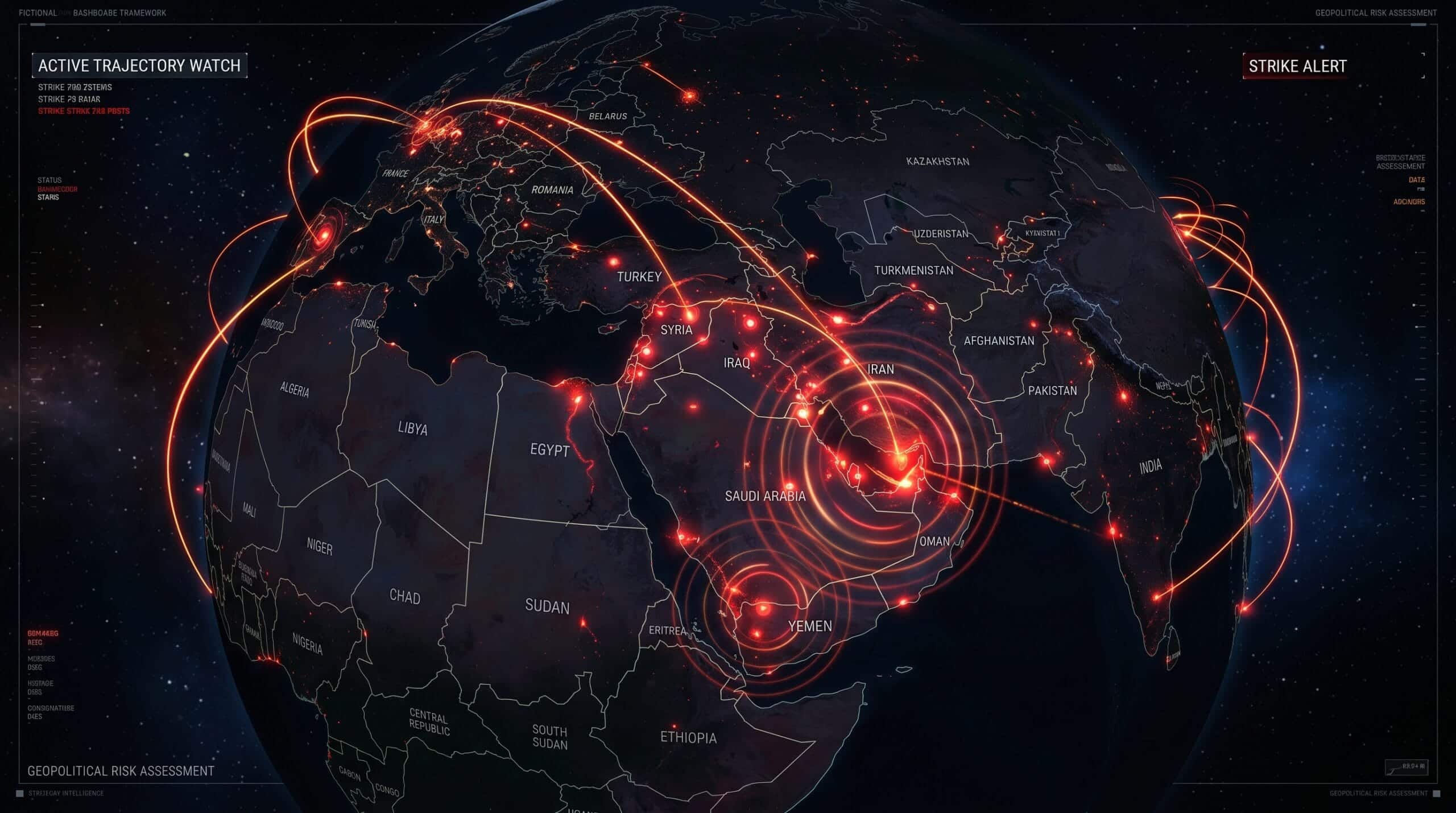 Live conflict map 3D globe showing real-time military strike locations in Middle East