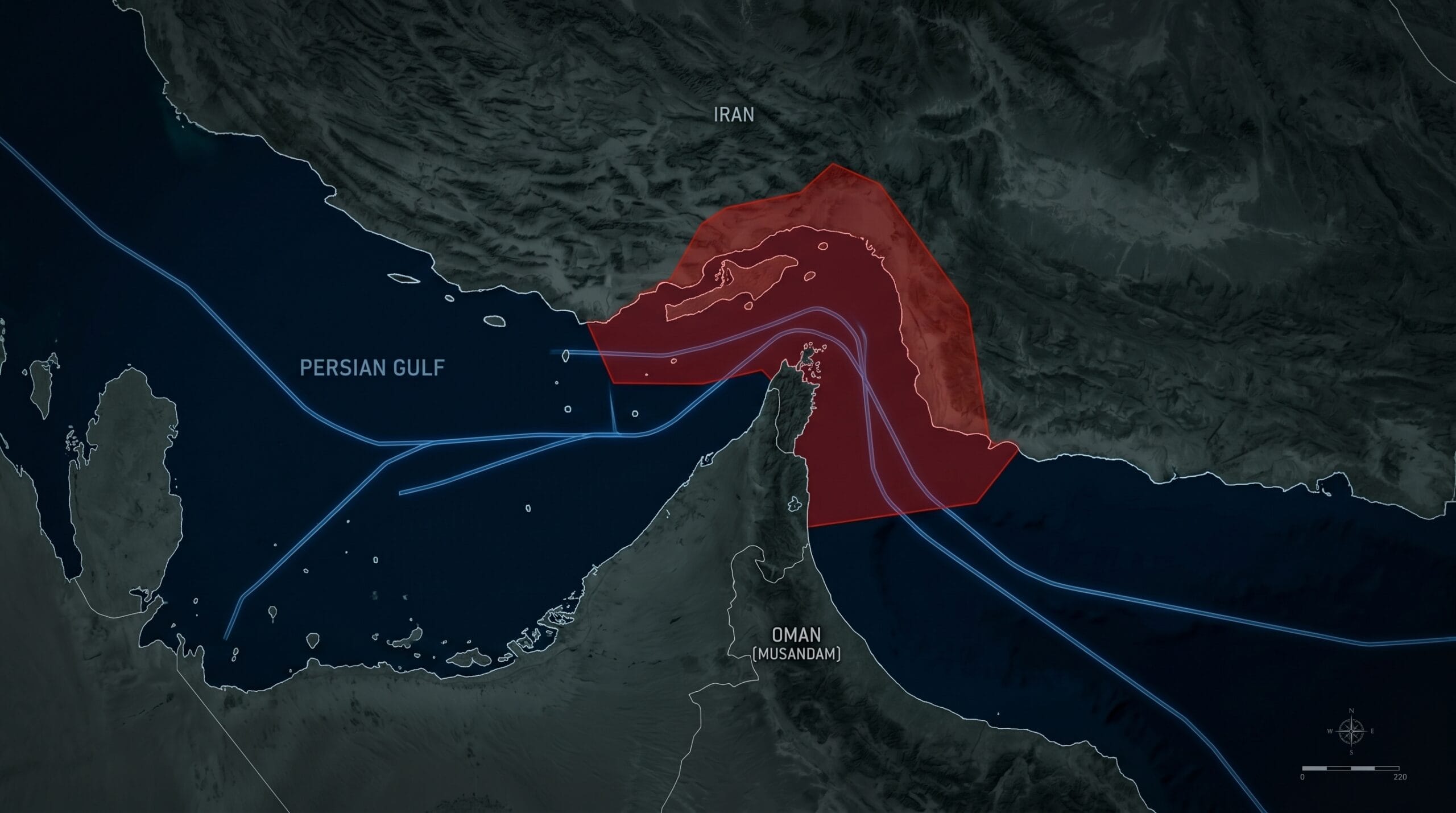 Strait of Hormuz satellite map showing shipping lanes and oil chokepoint between Iran and Oman