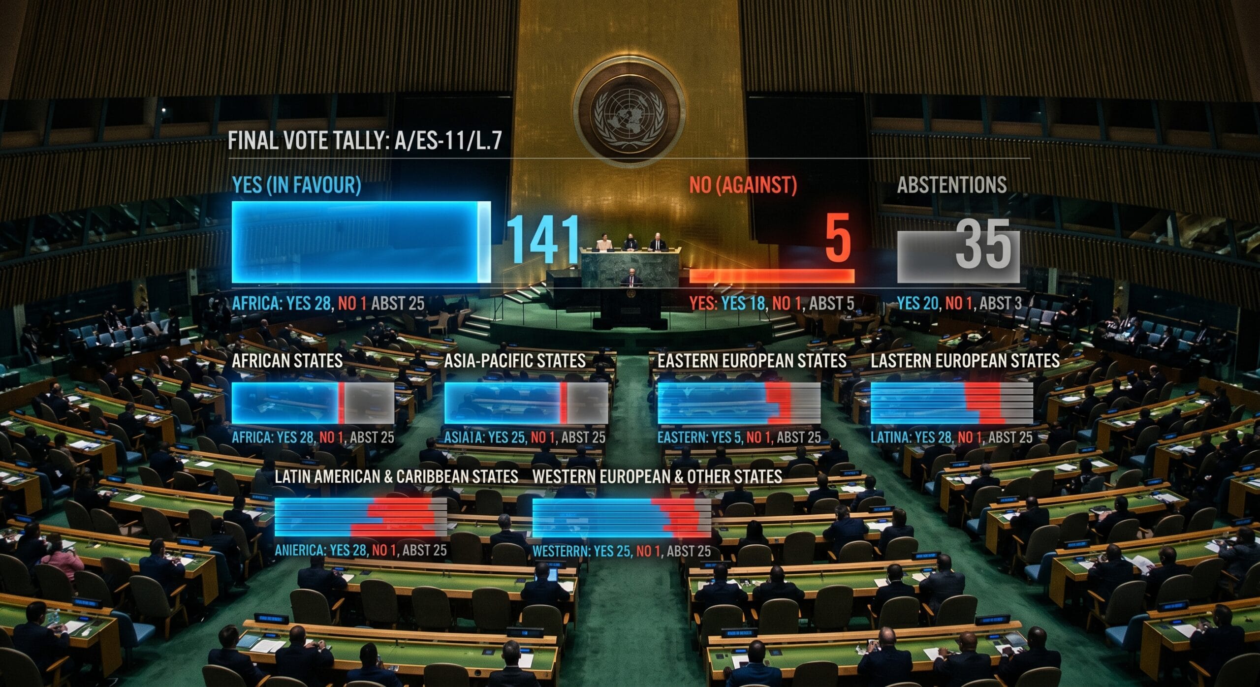 UN votes Israel data visualization showing General Assembly resolutions and Security Council vetoes
