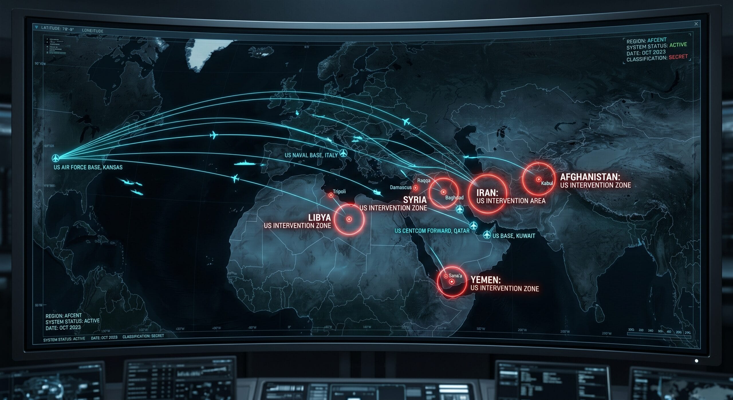 US military interventions map showing operations in Afghanistan Iraq Libya Syria and Iran