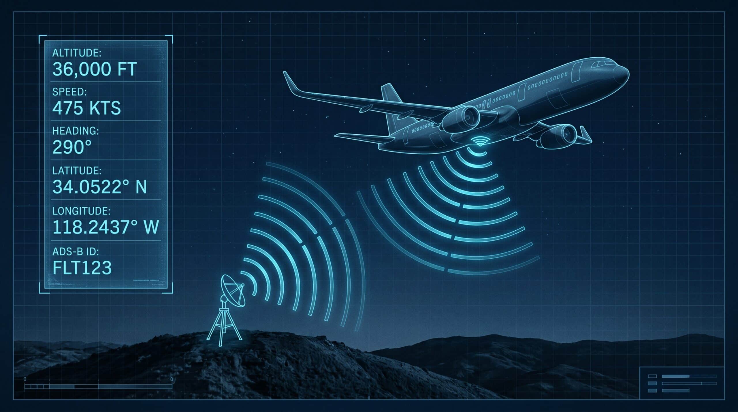 ADS-B aircraft tracking technology diagram showing broadcast signal from plane to ground receiver